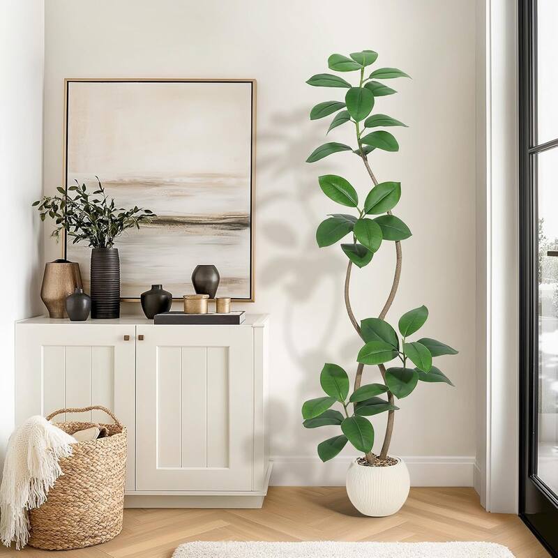 Artificial Plant Faux Fiddle Leaf Fig Tree with Off White Sphere Resin Planter