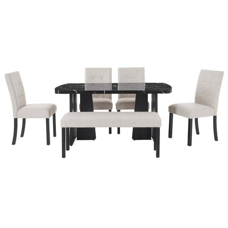 Dining Table Set for 6, Faux Marble Table with 4 Upholstered Chairs & Bench, 6-Piece Modern Kitchen Table Chairs Set