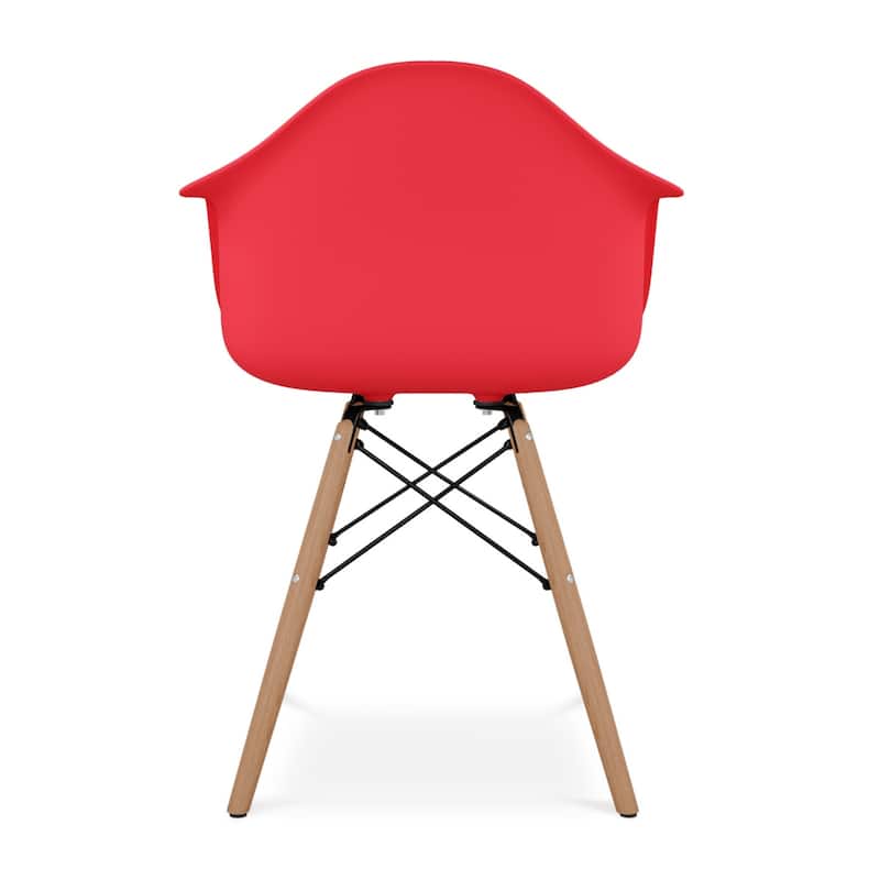 Modern Red Plastic Seat Dining Armchair with Solid Back and Wood Legs for Kitchen or Dining Room - 32”H x 23”W x 19”D