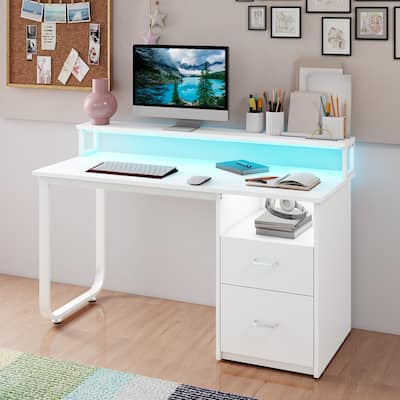Moasis Home Office LED Light Computer Desk with Cabinet and Power Outlets