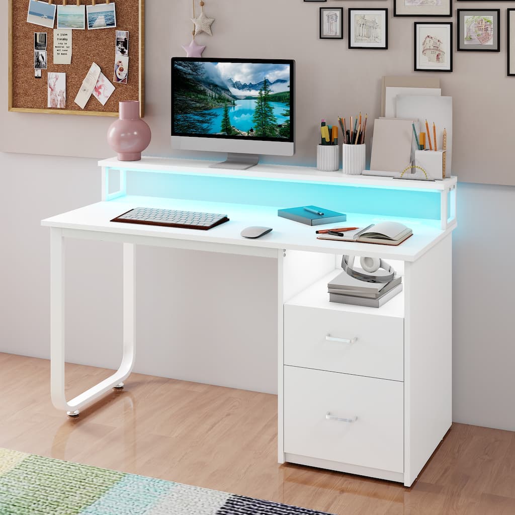 Moasis Home Office LED Light Computer Desk with Cabinet and Power Outlets