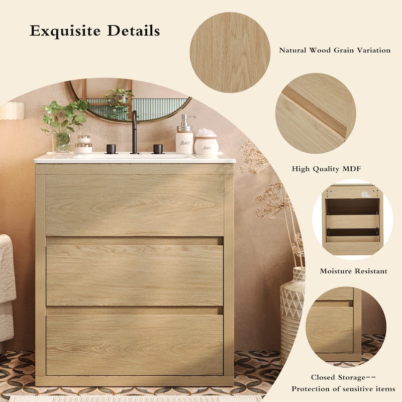 Freestanding Bathroom Vanity with Ceramic Sink and Drawers - Natural
