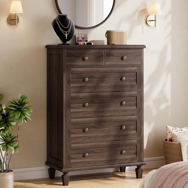 brown 6 drawer dresser tall Vintage 6-Drawer Dresser, Wooden Storage Chest with Carved Handles for Bedroom, Light - On Sale - Bed Bath & Beyond Size:US S Bridal Party Style Inspiration- CASUAL PARTY Groove handles make it
