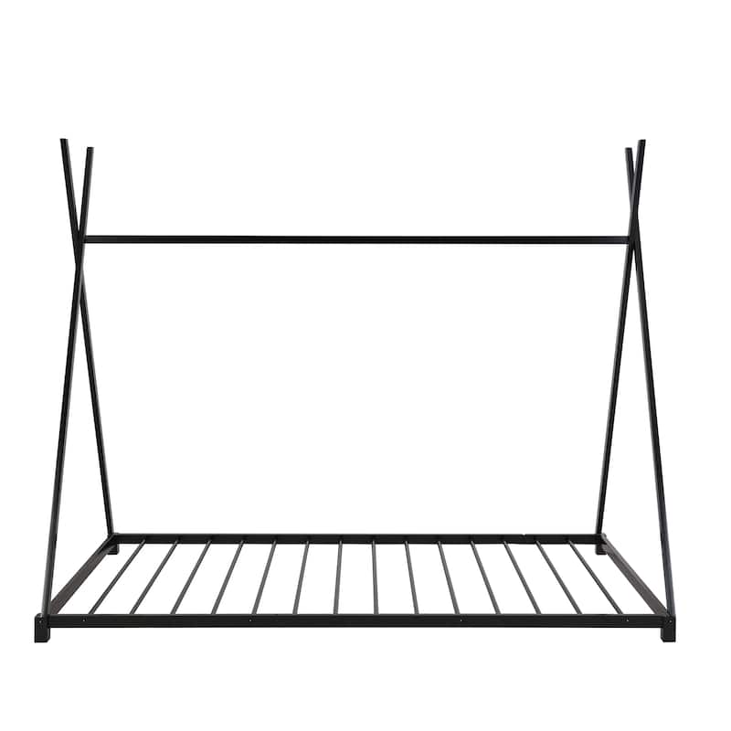 Twin Metal House Platform Bed for Kids, Safe Design with Triangle Structure and Wood Slats, No Box Spring Needed