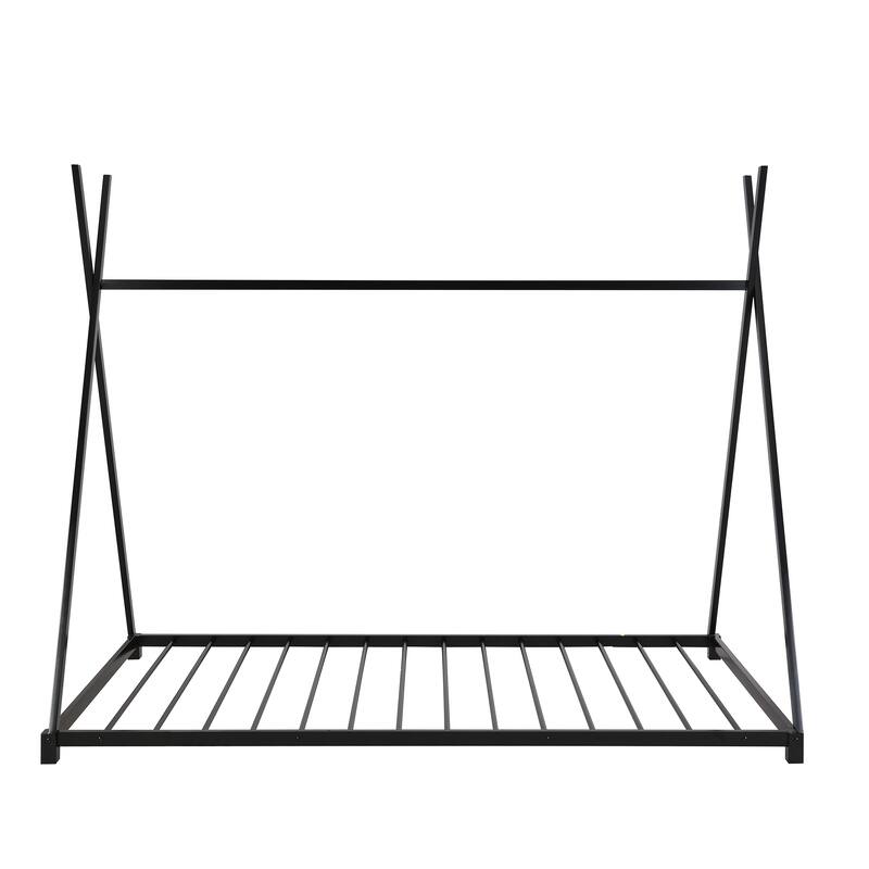 Twin Size Metal House Platform Bed Frame with Triangle Structure, Safety Railings and No Box Spring Needed Bedroom Furniture