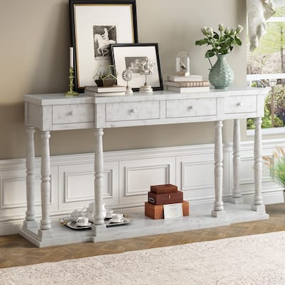 63" Retro Wooden Console Table with 4 Storage Drawers and Bottom Shelf