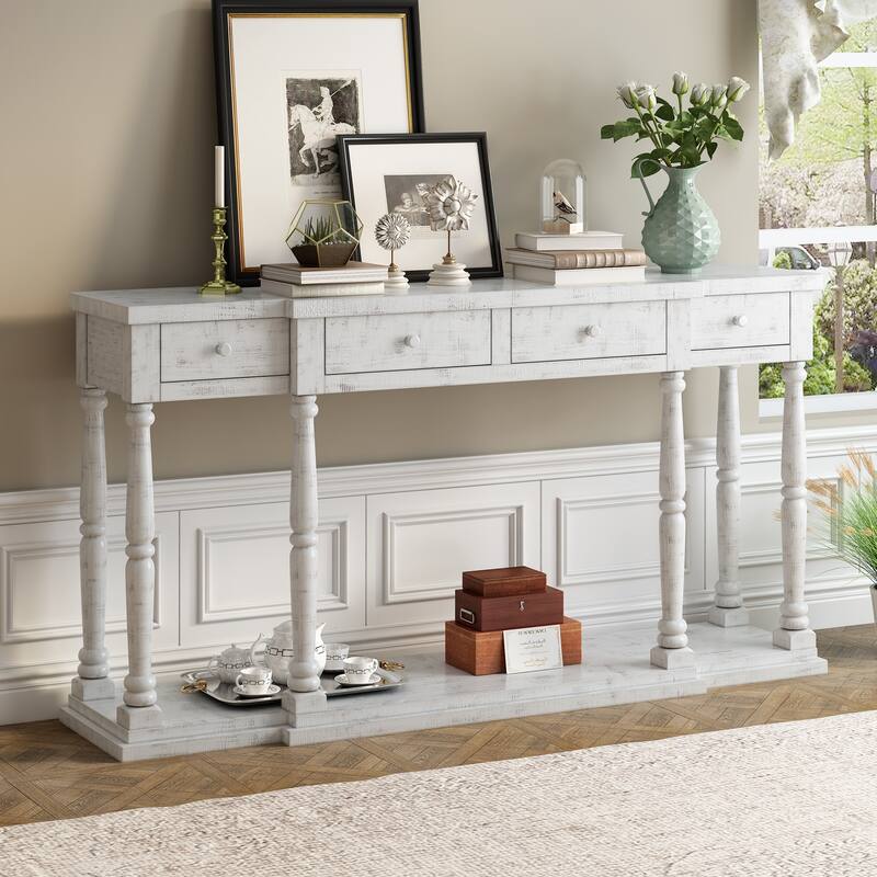 Retro Console Table with 4 Front Facing Storage Drawers and 1 Shelf