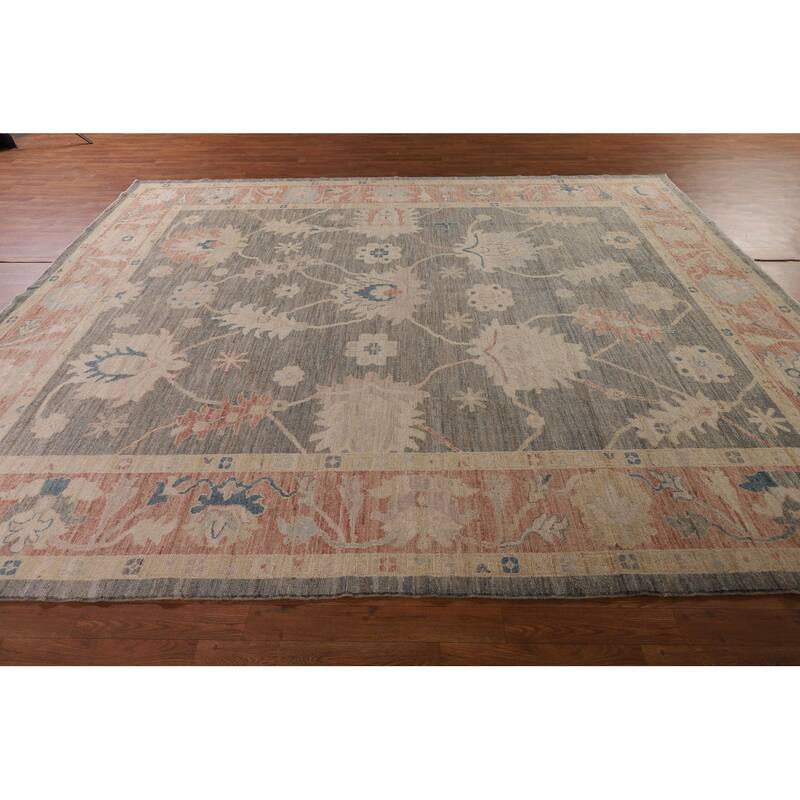 Vegetable Dye Oushak Turkish Area Rug Hand-Knotted Grey Wool Carpet - 9'2" x 11'0"