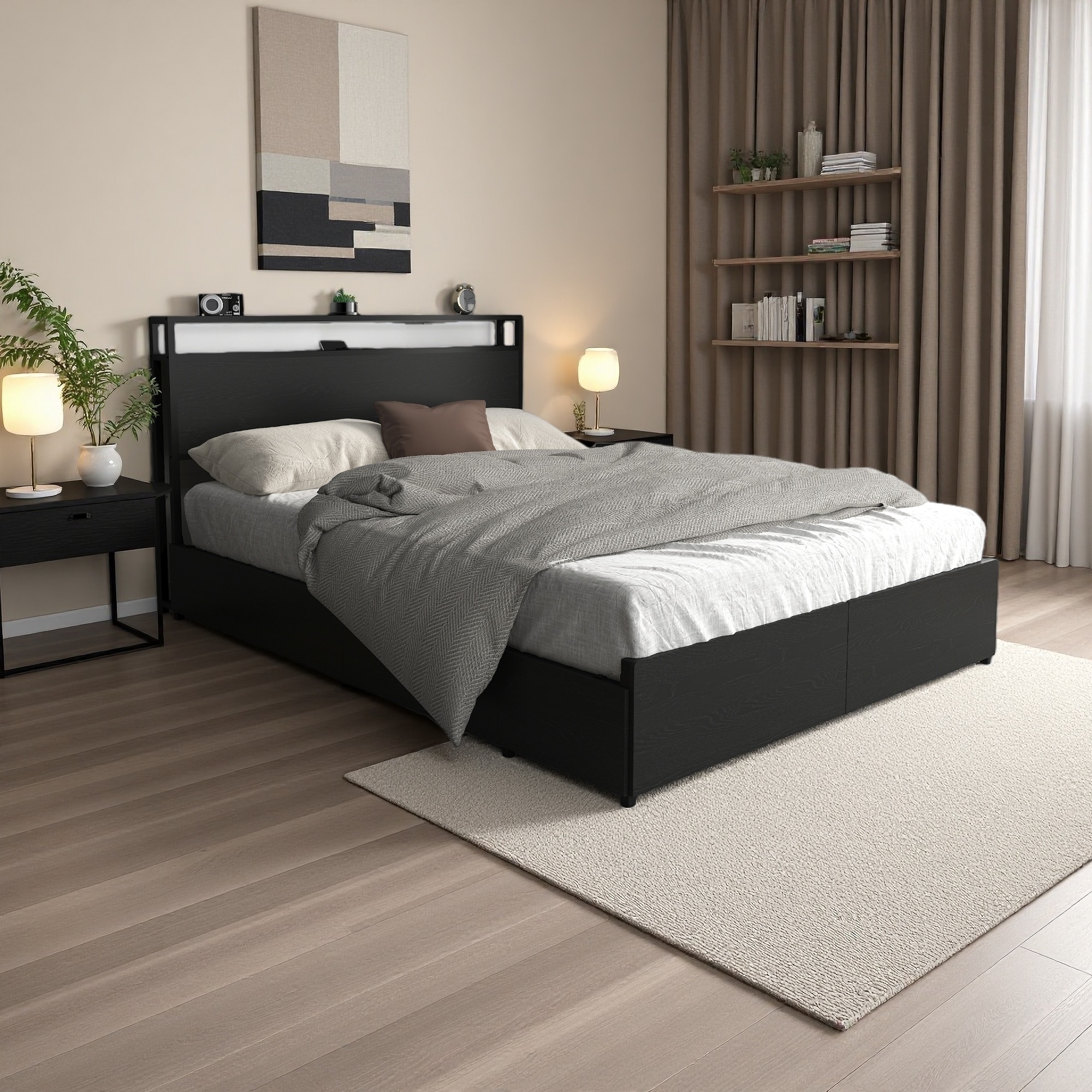 Queen Bed Frame with Storage Headboard, LED & Charging, Solid, Noise-Free, Easy Assembly