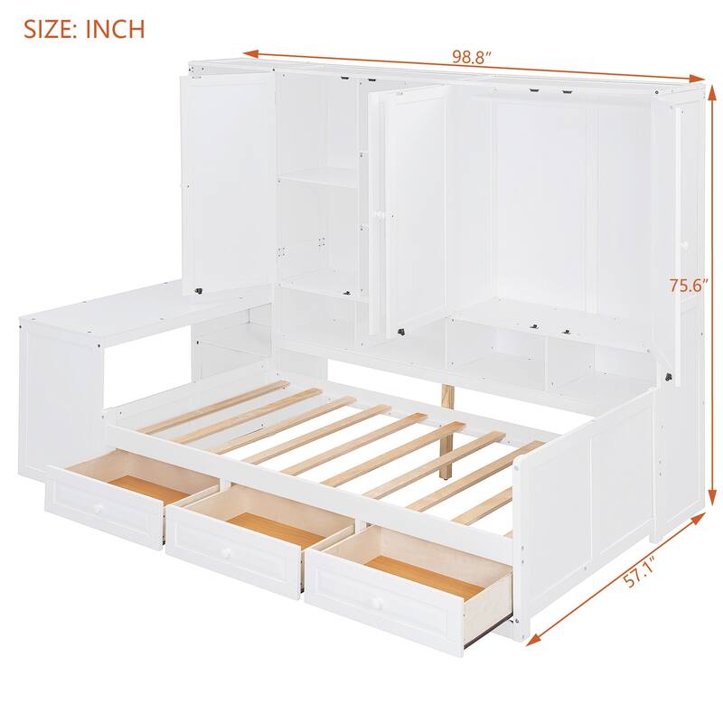 Modern Twin Daybed with All-in-One Cabinet, Desk Wooden Daybed Sofa Bed Frame with 3 Drawers, Multi-Functional Headboard