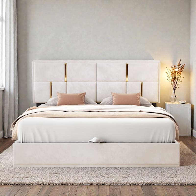 Queen Upholstered Platform Bed with Hydraulic Storage, Soft Fabric Headboard, No Box Spring Needed - Beige - Queen