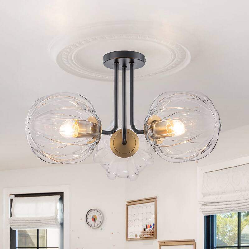 3-Light Contemporary Semi Flush Mount with Ripple Glass