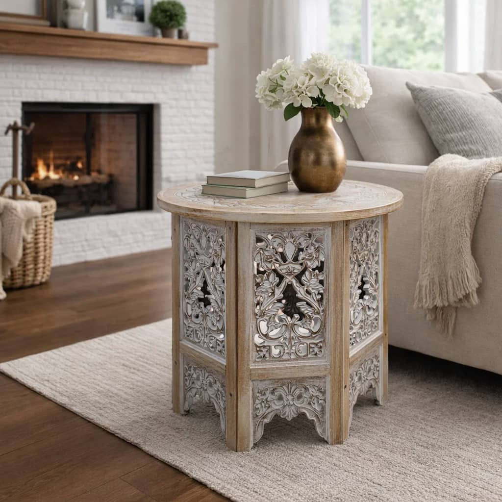 Accent Side Table, 24 Inch Round Top, Mango Wood Floral Cut Out Carved Motifs, Washed White