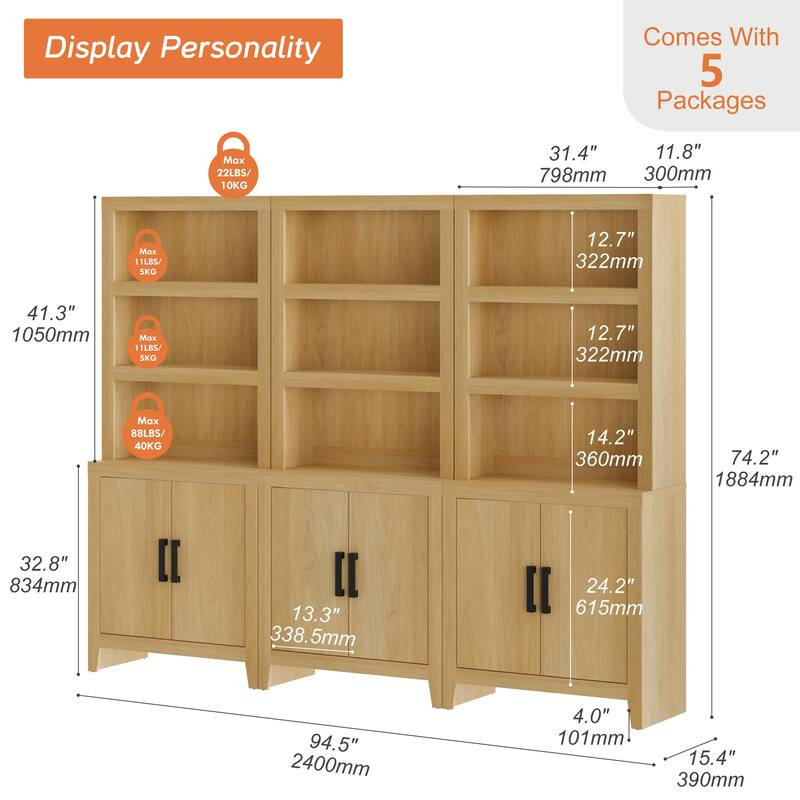74" Tall Bookshelf with Door, Farmhouse Bookcase with Adjustable Shelf and Storage Cabinet for Living Room, Office