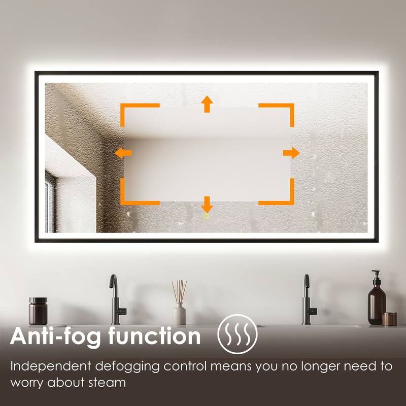 Apollo Rectangular Anti-Fog Dimmable Modern Bathroom/Vanity LED Lighted Wall Mirror in Matte Black Aluminum Framed