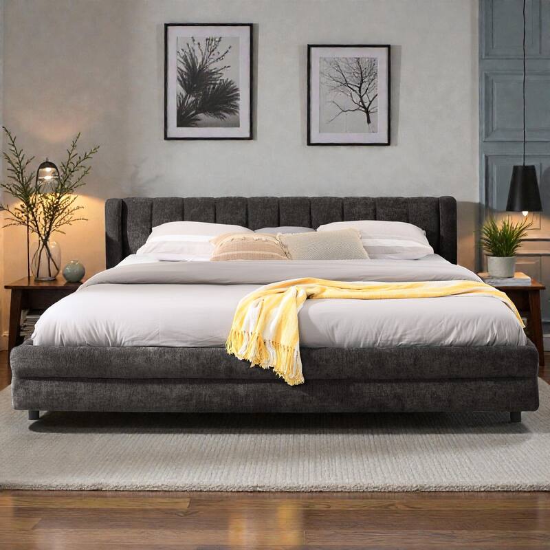 King Upholstered Bed Frame with Chenille Fabric, Soft Headboard and Underbed Storage Drawer, Modern Platform Design