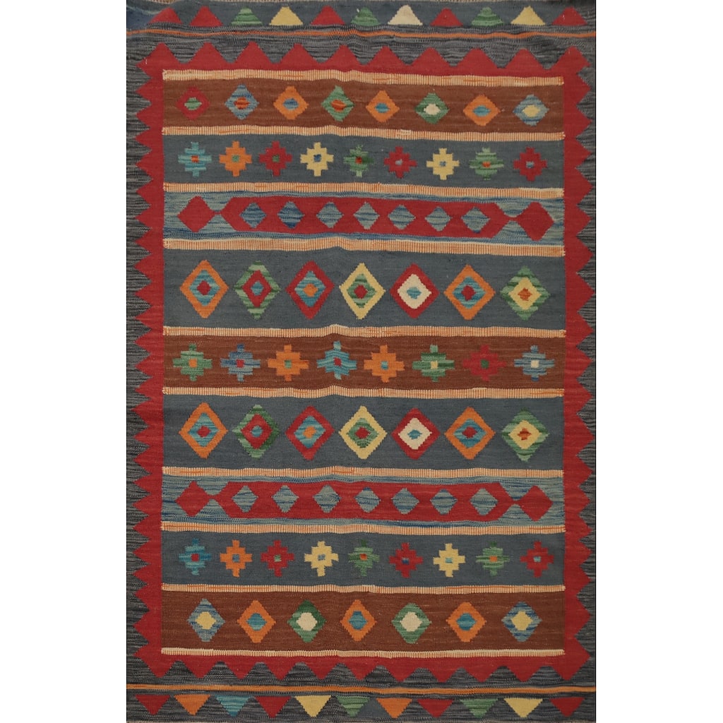 Hand Woven Oriental 100% Wool Carpet Southwestern Tribal Greys & Charcoal Kilim Area Rug - 5' 6'' X 4' 1''