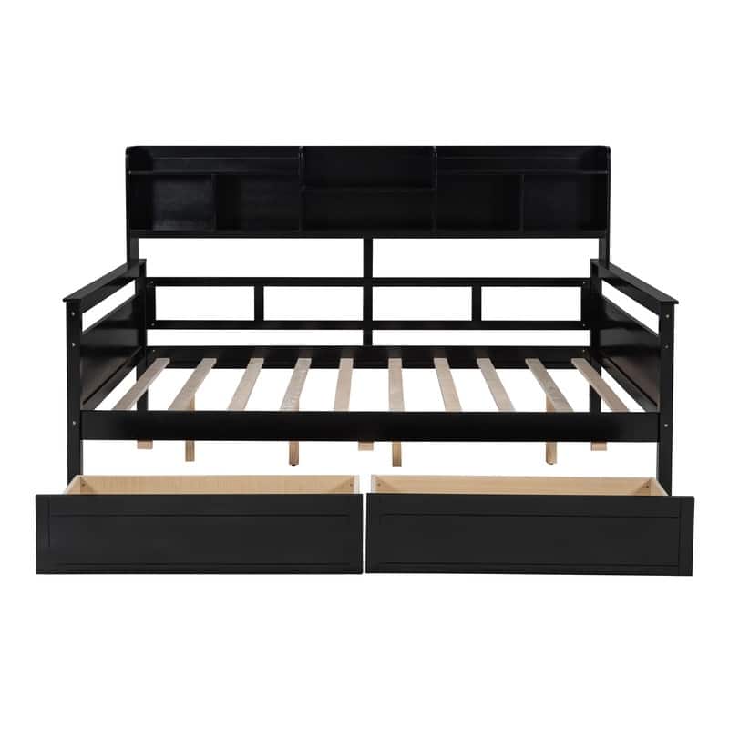 Full size Wood Daybed with Storage Shelf and Two Drawers