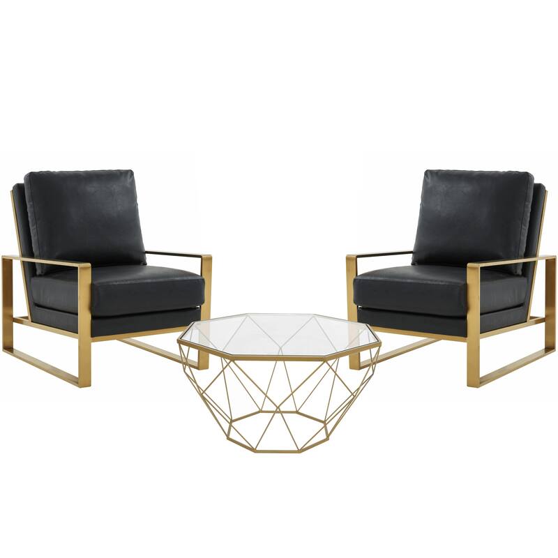 LeisureMod Jefferson 3-Piece Leather Armchairs and Geometric Coffee Table Set - 36"