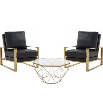 LeisureMod Jefferson 3-Piece Leather Armchairs and Geometric Coffee Table Set - 36"