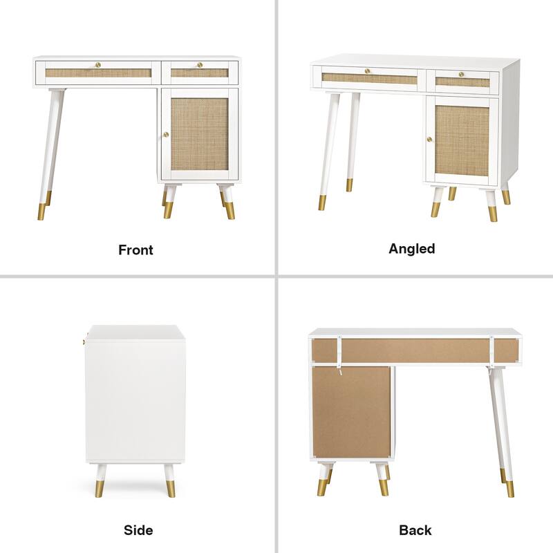 Computer Desk with 2 Drawers Modern Rattan Home Office Desk with File Cabinet