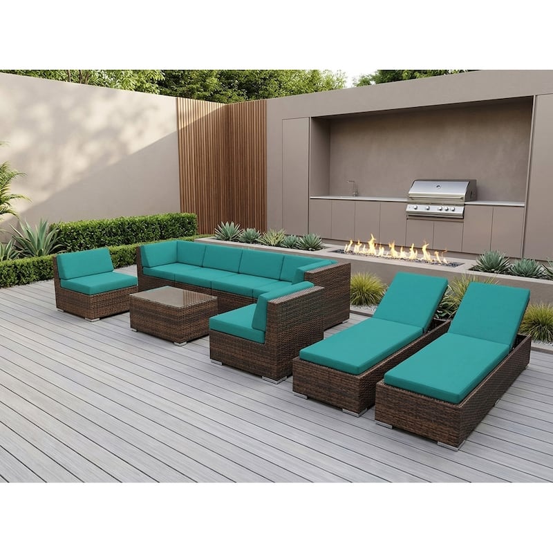 Ohana Outdoor Patio 9-piece Mixed Brown Cushioned Wicker Sofa Set - No Assembly - Turquoise