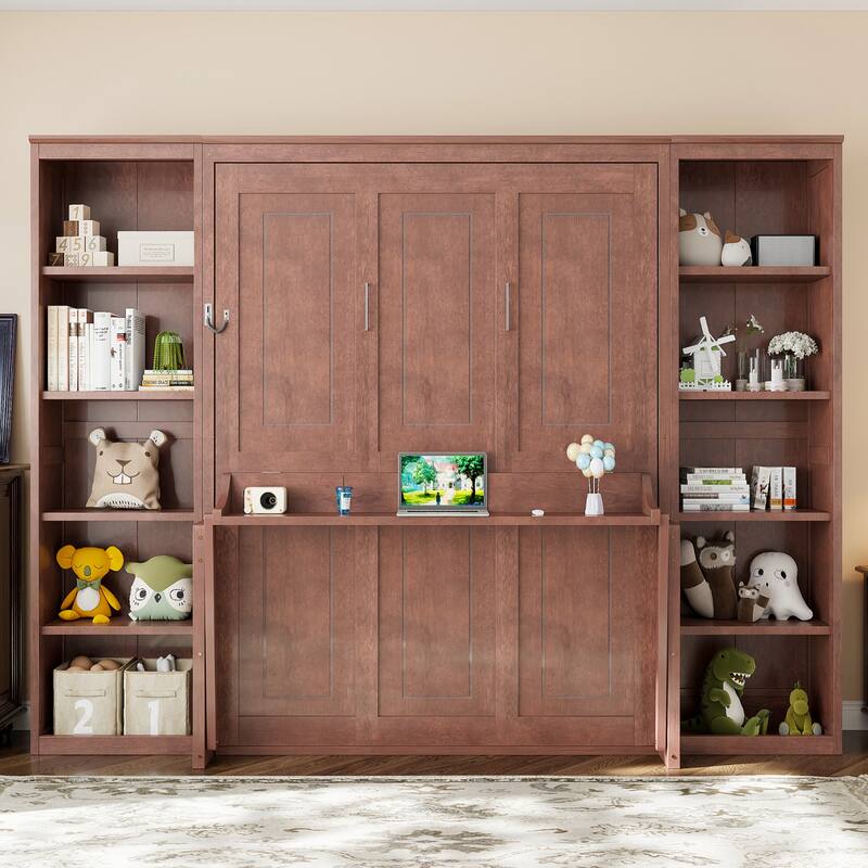 Roomfitters Full/Queen Size Murphy Bed with Desk and Bookshelf Storage, Space Saving, Dark Brown - Dark Brown - Queen