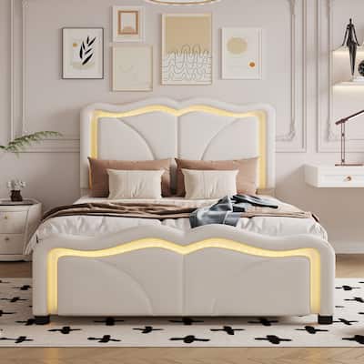 Twin Size PU Upholstered Platform Bed with Curved Headboard, Adjustable Height and LED Lighting