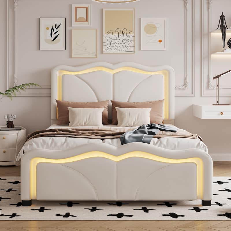 Twin Size Upholstered Platform Bed with Adjustable Headboard and LED Lights, White - White