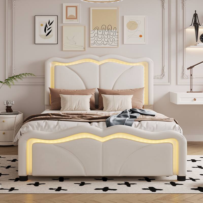 Upholstered Platform Bed with Curve Shaped and Height-adjustbale Headboard & LED Light Strips, Twin/Full Size Bed Frame w/ Slats - White - Twin