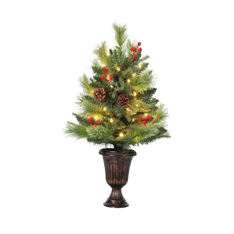 3 Ft Tabletop Christmas Tree Artificial Mini Xmas Tree with Pine Cones and Red Berries with 70 Lights - N/A