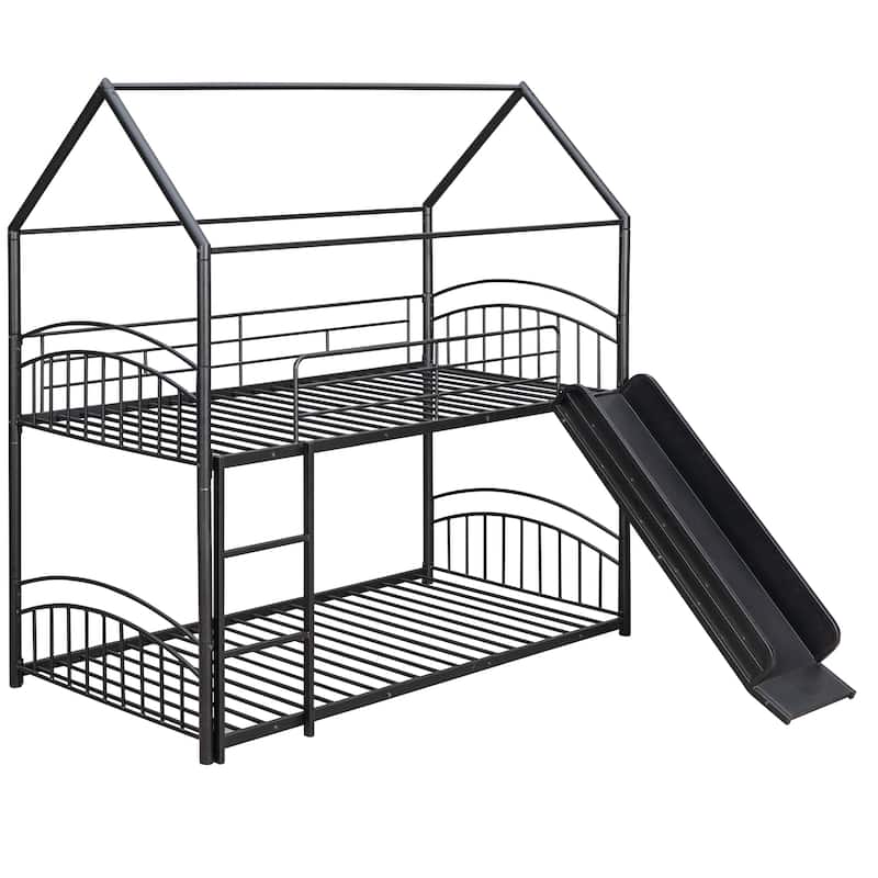 Black Twin over Twin Metal Bunk Bed with Slide, Roof, Fence, and Ladder