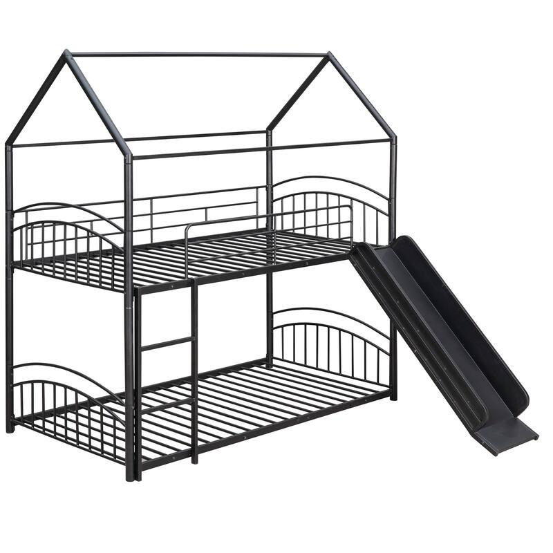 Black Twin over Twin Size Metal Bunk Bed With Slide, Roof, Fence and Ladder for Bedroom