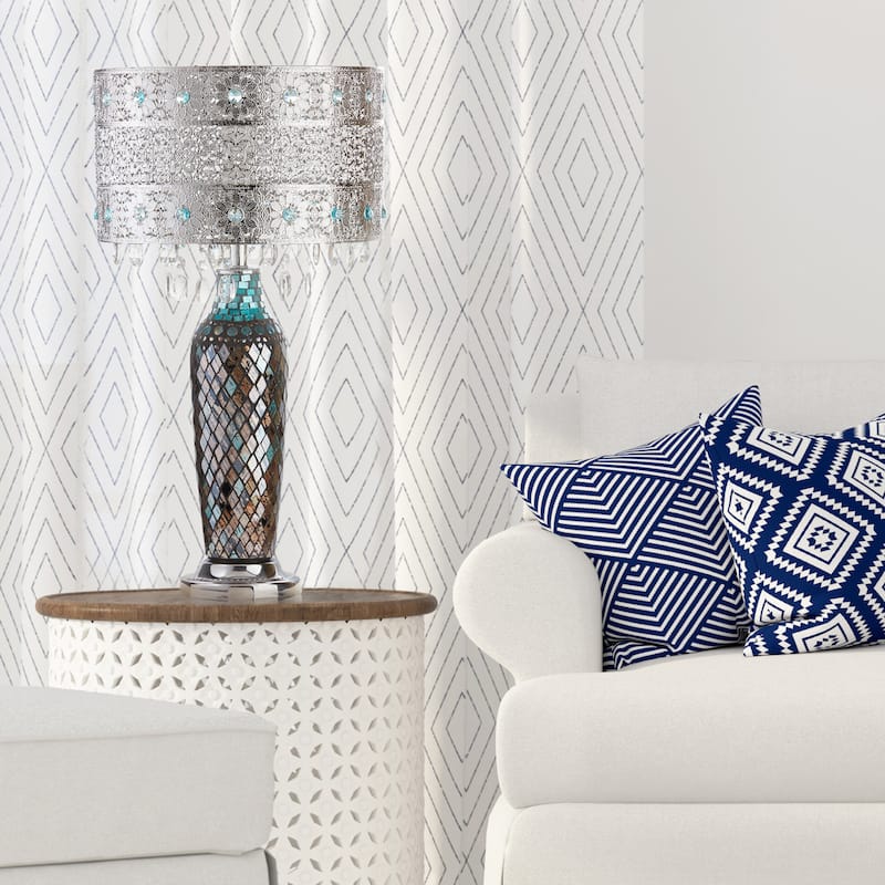 Metal Mosaic Hanging Glass Crystal Table Lamp - 13"L x 13"W x 24.25"H - Blue