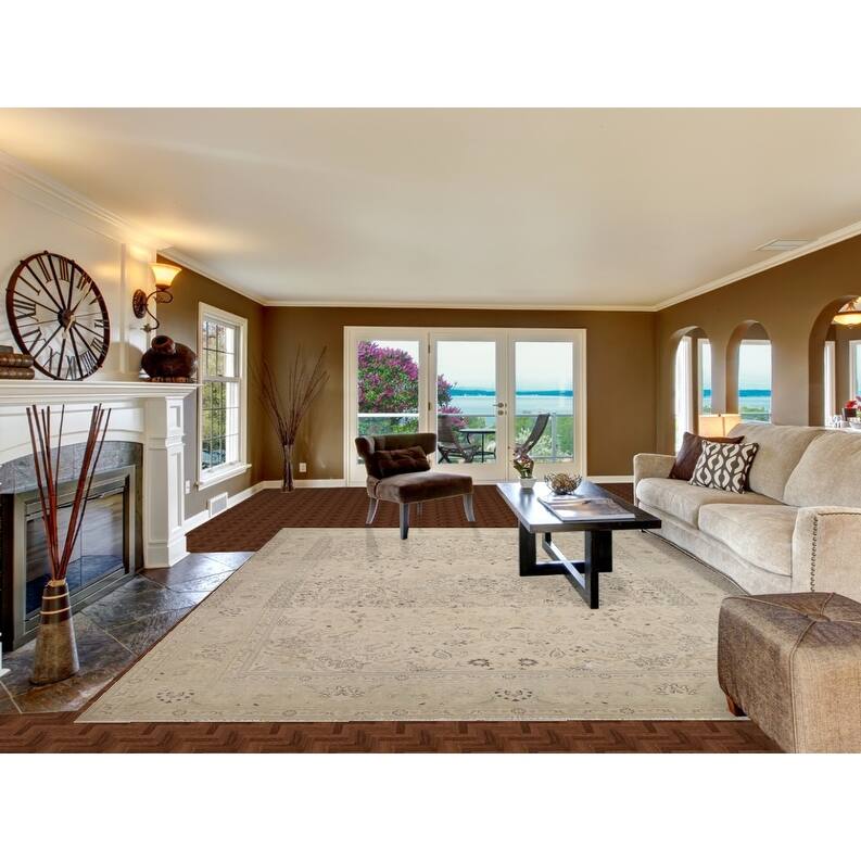 Hand Knotted Oriental 100% Wool Carpet Traditional Floral Beige & Ivories Tabriz Area Rug - 12' 8'' X 9' 9''