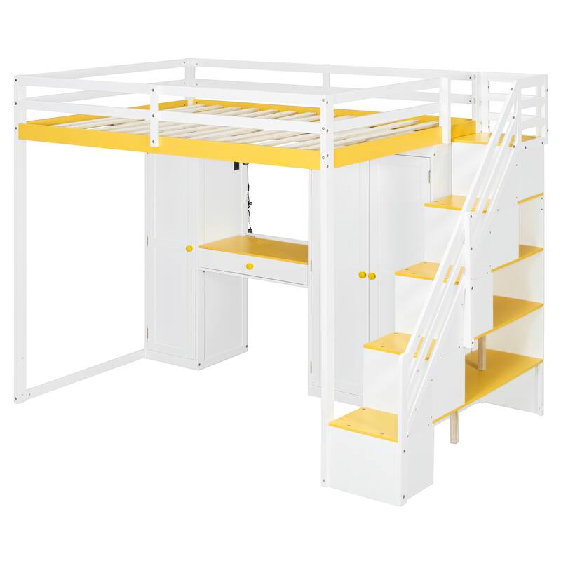 Full Size Loft Bed with Storage Staircase, Built-in Dressing Table, Mirror & Wardrobe - USB Charging & Lights