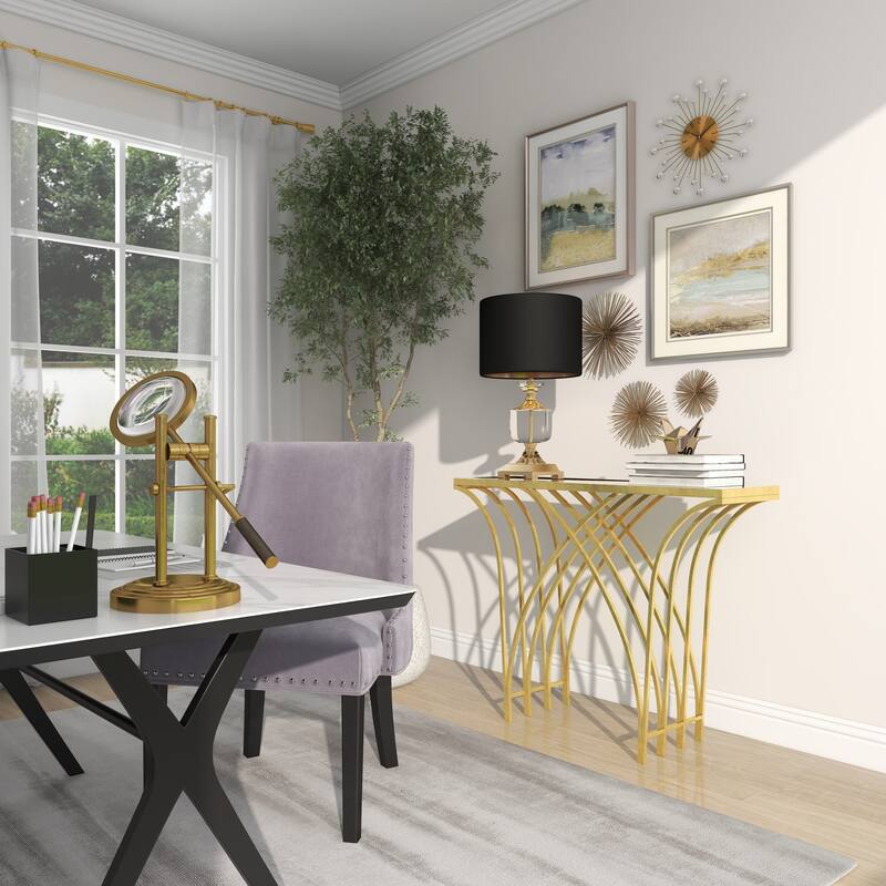 Gold Metal Geometric Console Table with Mirrored Glass Top