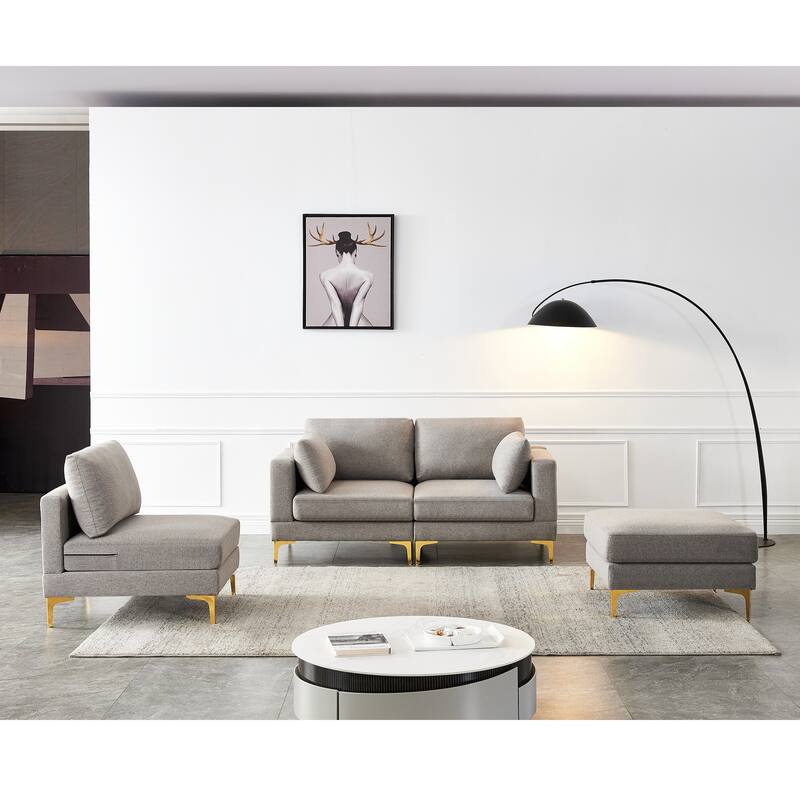 92'' Fabric L-Shape 3-Seater Sofa with Ottoman, Gold Metal Legs, and Toss Pillows