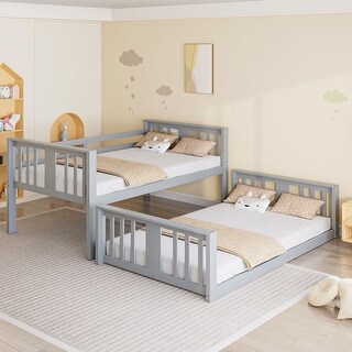 Twin Over Twin Low Bunk Bed with Guardrail, Slide and Ladder - Bed Bath ...