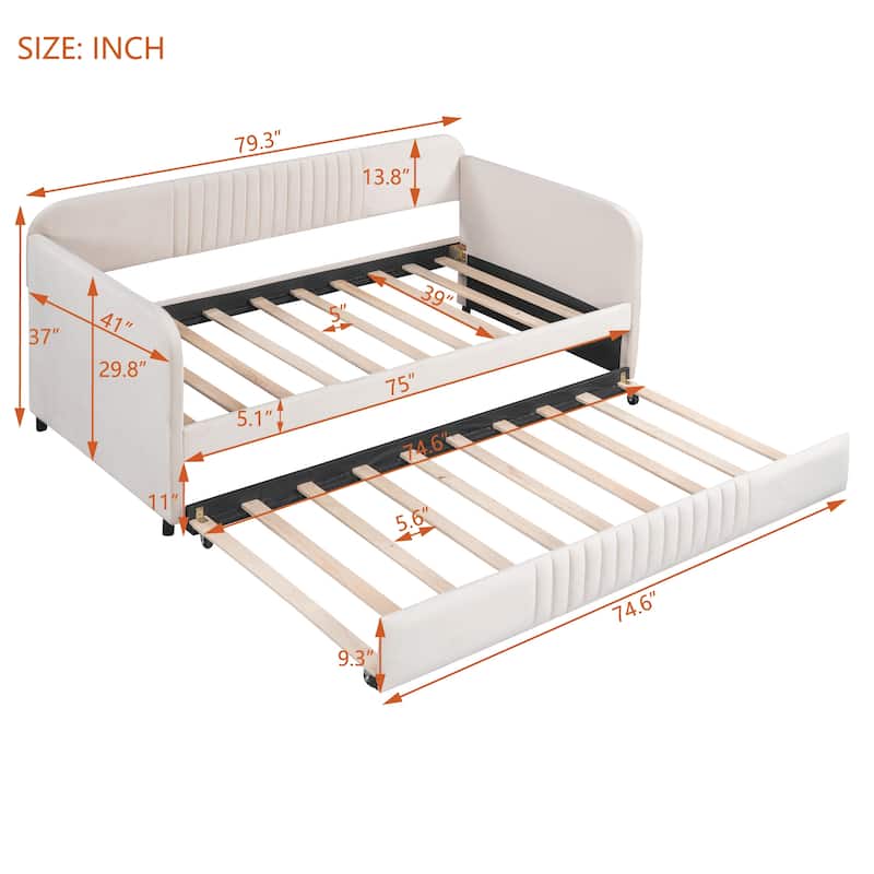 Twin Size Daybed with Trundle, Elegant Upholstered Velvet Sofa Bed