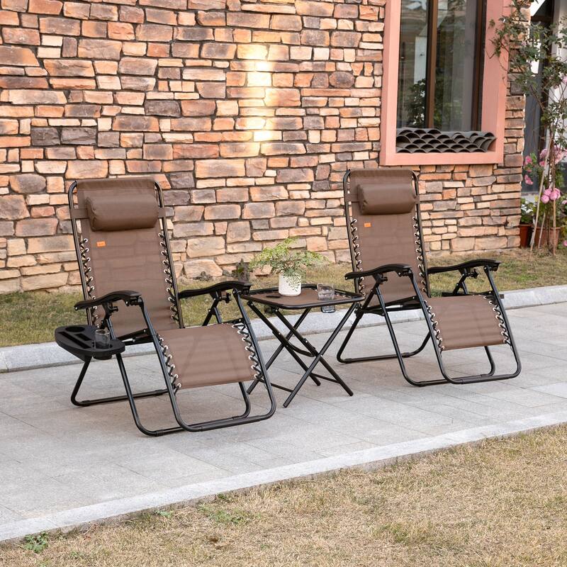 Outdoor Zero Gravity Chairs with Side Table, Set of 2 Folding Reclining Chairs with Cupholders & Pillows