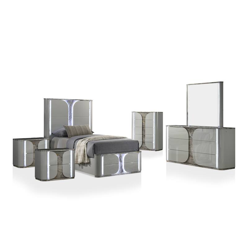 Furniture of America Sherri Modern 6-Piece Light Grey Solid Wood Kids Platform Bedroom Set with LED - Full