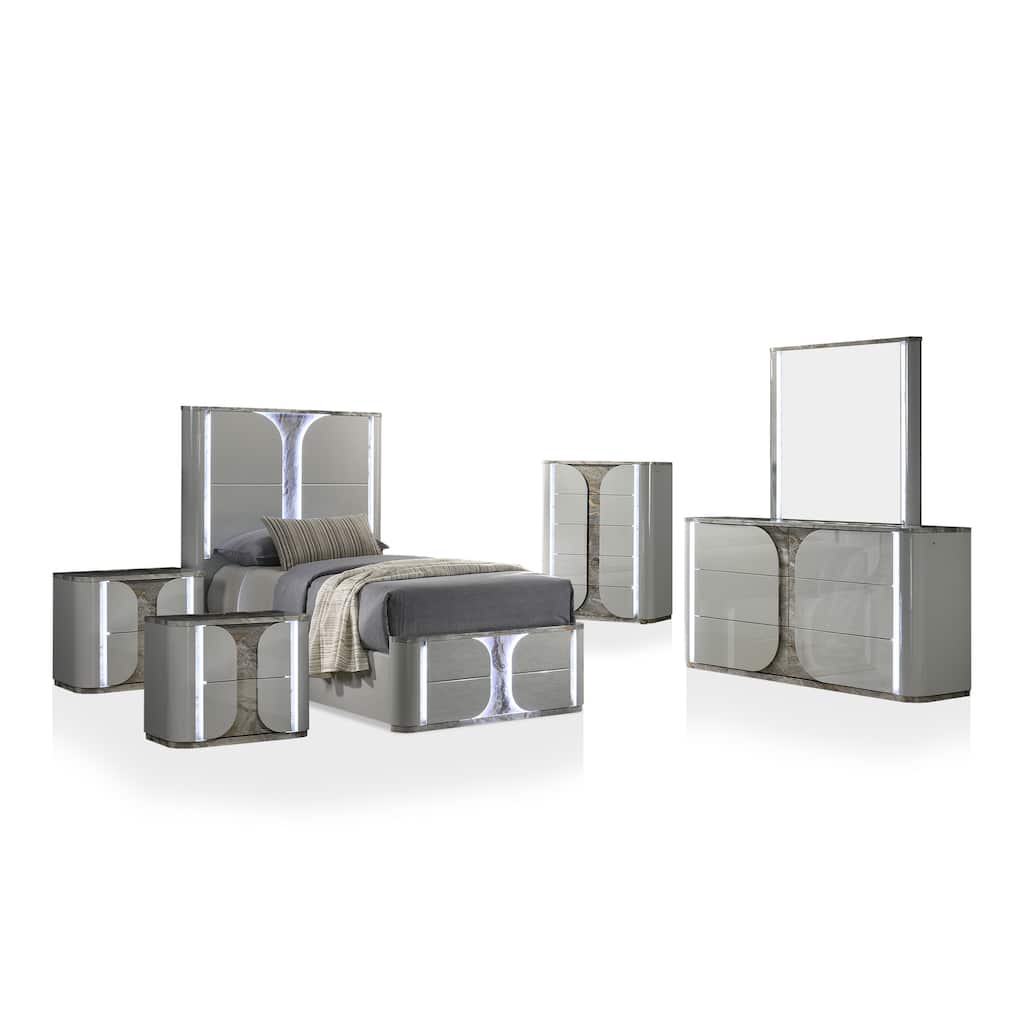 Furniture of America Sherri Modern 6-Piece Light Grey Solid Wood Kids Platform Bedroom Set with LED