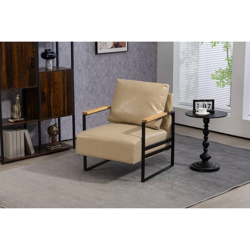 Khaki PU Modern PU Upholstered Accent Chair with Sturdy Metal Frame and Waist Cushion