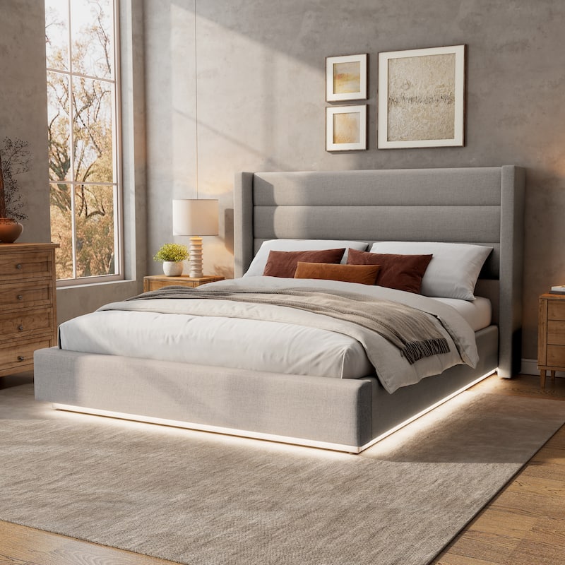 Greige Bed Frame Queen Size Platform Bed with Ambient Lighting on Footboard Side Rails, Linen Fabric Corner Wingback Bed