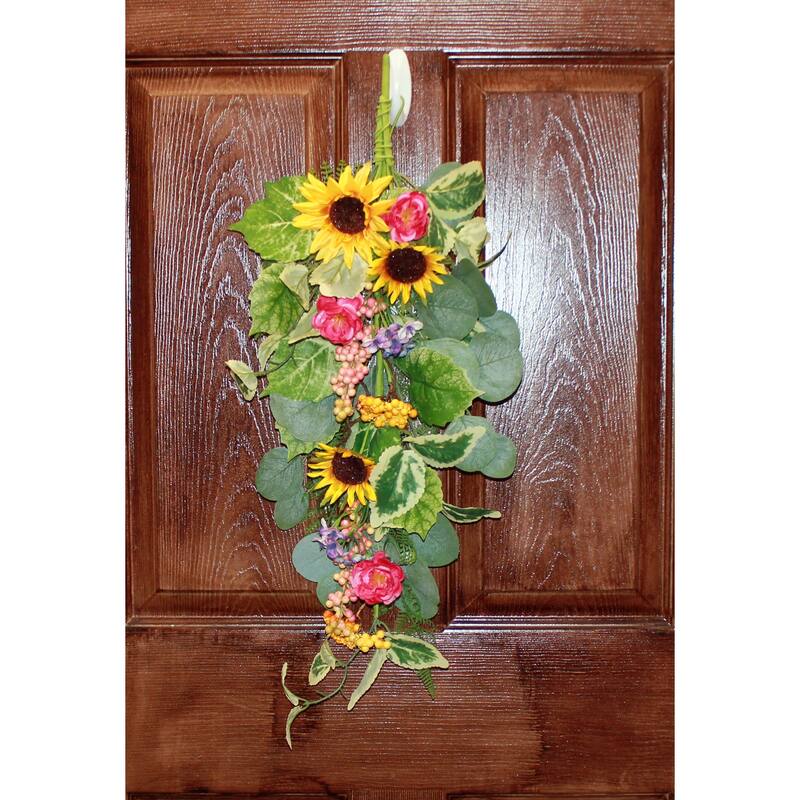 28" Artificial Sunflower, Berries and Leaves Floral Teardrop - 28