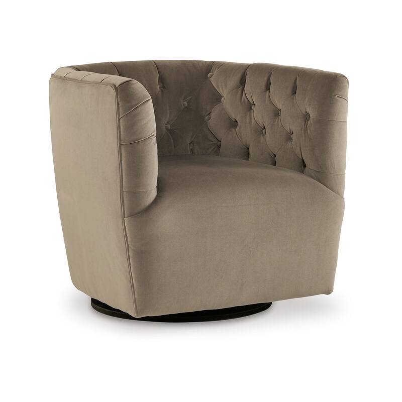 Heena Swivel Accent Chair, Brown Polyester, Tufted Barrel Back, Black Metal