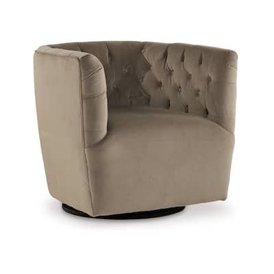 Heena Swivel Accent Chair, Brown Polyester, Tufted Barrel Back, Black Metal