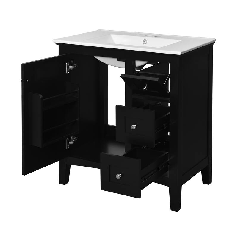 Modern Simple Bathroom Cabinet Freestanding Bathroom Vanity with Ceramic Sink, Tip-out Drawer, 2 Drawers and Side Door Organizer