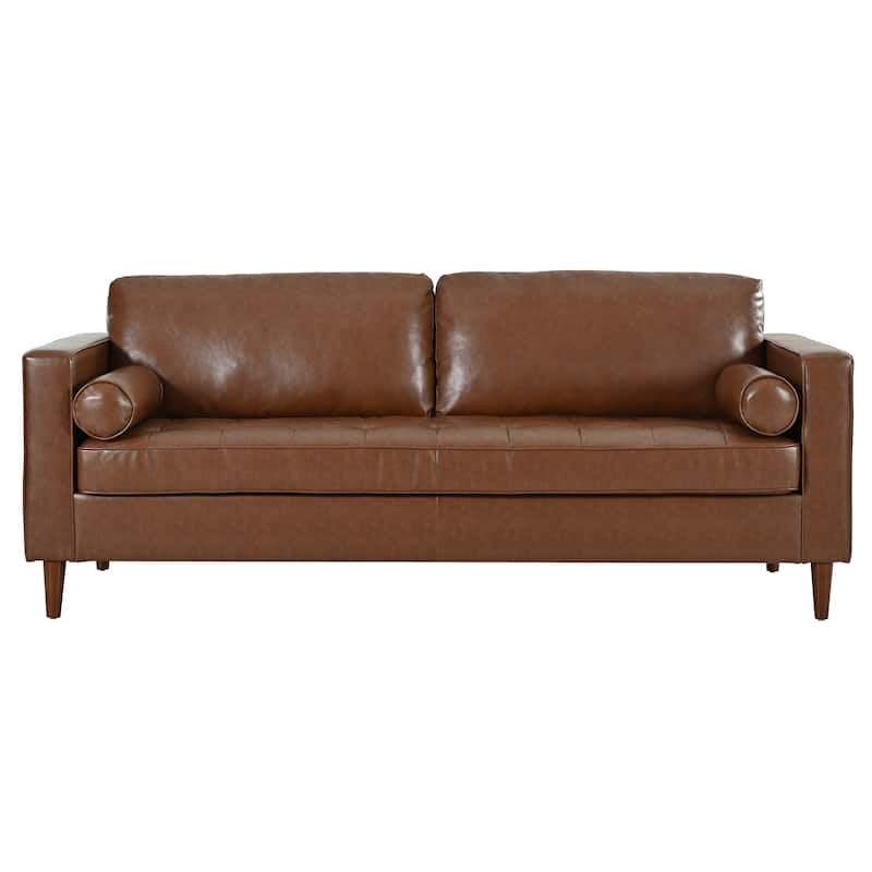 Mid-Century Modern PU Leather 3-Seat Sofa, Tufted Design, Solid Wood Legs, 2 Bolster Pillows, Comfortable sofa